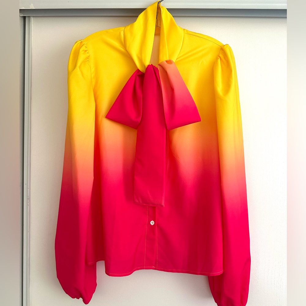 Women’s Sz L Yellow/Pink Ombre Tie Neck Lantern Sleeve Blouse